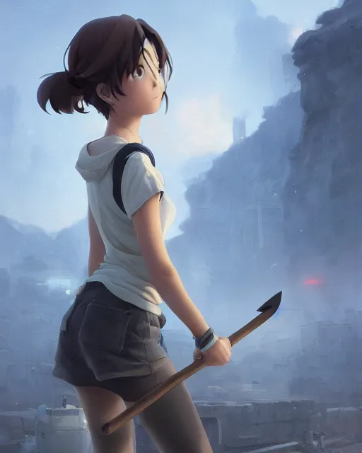 Prompt: a girl holding a pickaxe and covered in smog in a coal mine, atmospheric lighting, detailed body and face, by makoto shinkai, stanley artgerm lau, wlop, rossdraws