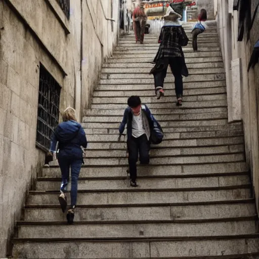 Image similar to Michael mcintyre & a blonde woman climbing steps in Porto, greg rutkowski