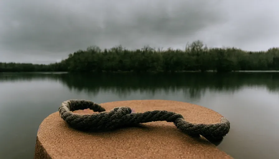 Image similar to photograph of a centered rope floating on the surface of the water, the rope is snaking towards the center of the lake, a dark lake on a cloudy day, anamorphic lens, kodak color film stock