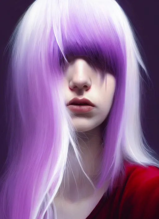 Image similar to hair whitebangs hair, black hair, whitebangs, portrait of teenage girl with white bangs, red irises, purple clothes, white bangs, bangs are different color from hair, intricate, elegant, glowing lights, highly detailed, digital painting, artstation, concept art, smooth, sharp focus, illustration, art by wlop, mars ravelo and greg rutkowski