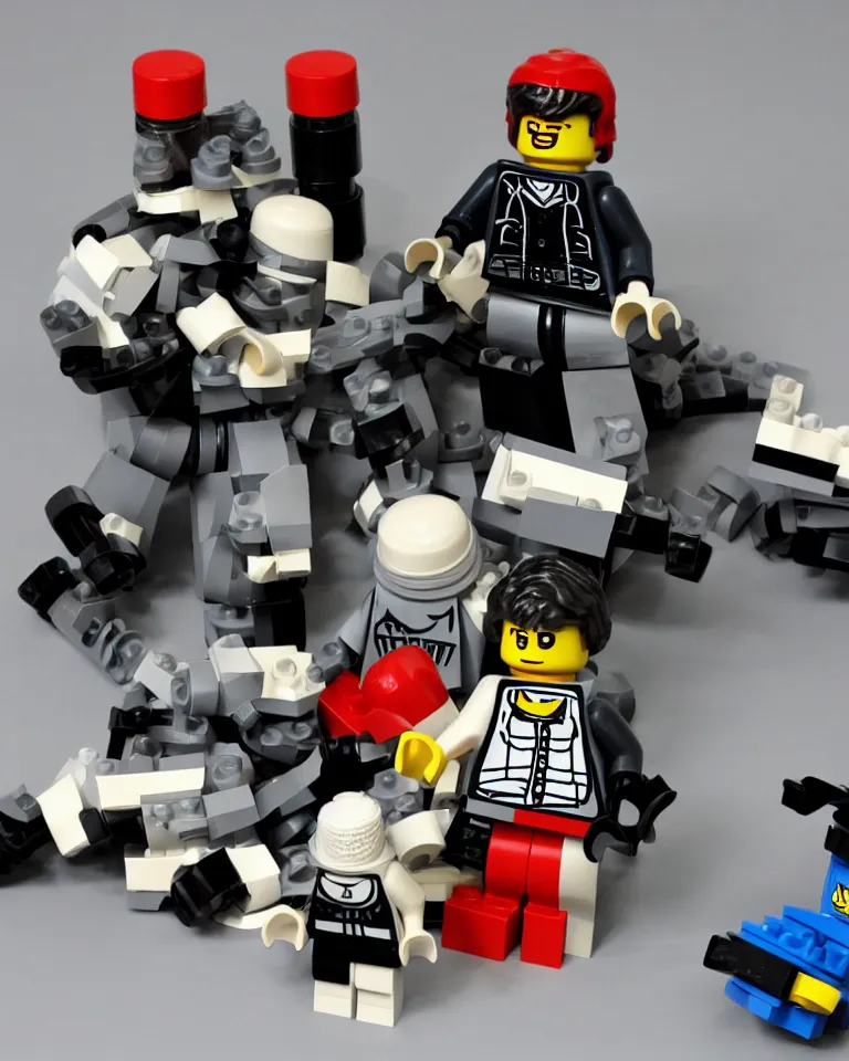 Image similar to lego robocop arresting obese legos