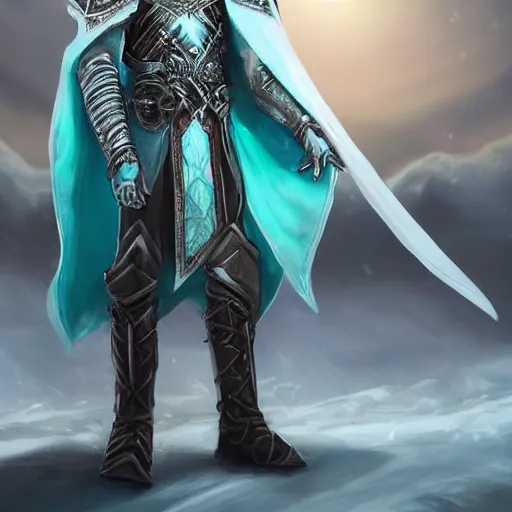 Prompt: handsome male snow elf in a turquoise cape and silver ornate armour, albino skin, elden ring, realistic, dnd character portrait, full body, dnd, rpg, lotr game design fanart by concept art, behance hd, artstation, deviantart, global illumination radiating a glowing aura global illumination ray tracing hdr render in unreal engine 5