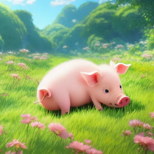 Prompt: cute and adorable piglet resting on a beautiful flower valley by makoto shinkai, summer, studio ghibli, hayao miyazaki, takashi takeuchi, akihiko yoshida, funimation, key anime visual, anime poster, 8 k, highly detailed, rendered, concept art, wide angle, trending on artstation, pixiv daily ranking