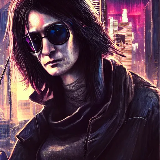 Prompt: closeup portrait of a beautiful cyberpunk assassin, john lennon sunglasses, shag hair, cyberpunk city background, megacity, badass, neuromancer, molly millions, gorgeous view, dramatic light, depth, high detail, digital art, movie promotional art, painted by seb mckinnon, painted by greg rutkowski, neuromancer, trending on artstation