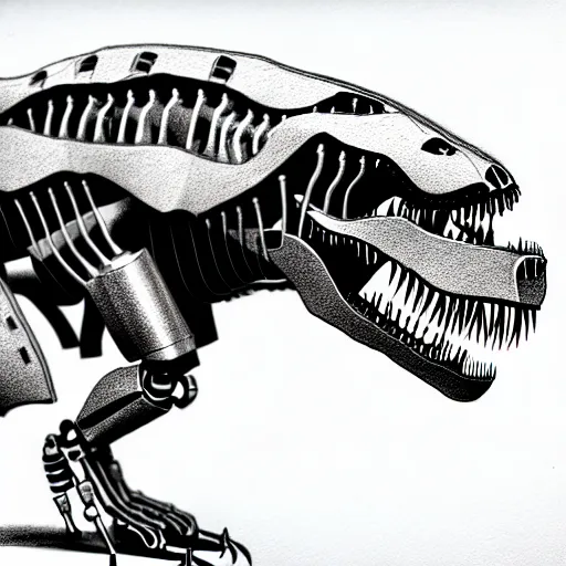 Image similar to an illustration of a book showing the complete anatomy of a cyborg t-rex, pencil sketch, extremely detailed