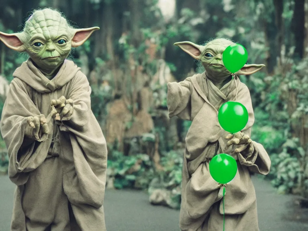 Image similar to a photo of yoda holding a green balloon in the tokyo suburbs by wes anderson, highly detailed, trending on artstation