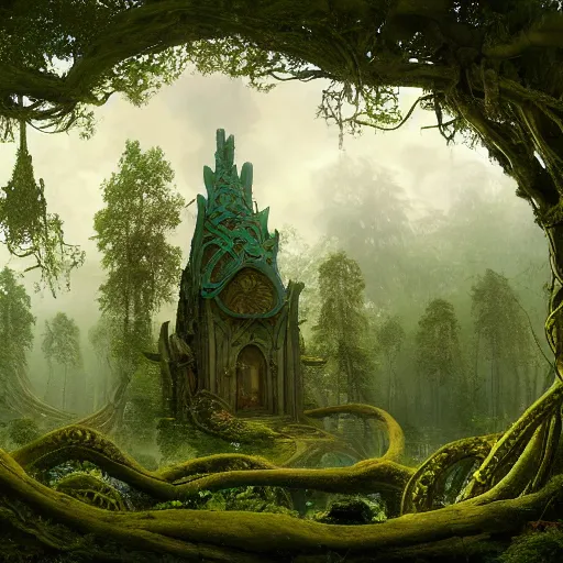 Image similar to a beautiful and highly detailed matte painting of a wooden elven temple in a magical fantasy garden in a lush forest, celtic knots, ancient runes, knotted trees, tangled vines, intricate details, epic scale, insanely complex, 8 k, sharp focus, hyperrealism, very realistic, by caspar friedrich, albert bierstadt, james gurney, brian froud,