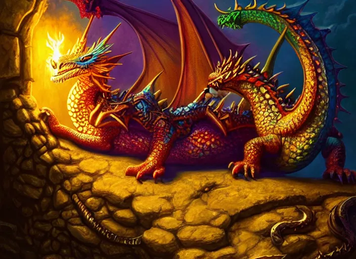 Prompt: colorful cute dragon asleep on a pile of treasure, dramatic light, dungeon background, treasure, gold, jewels, treasure pile, high detail, fantasy background, painted todd lockwood, jeff easley, greg rutkowski, james gurney, artgerm, digital art, trending on artstation