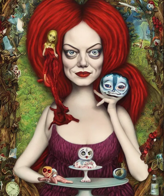 Image similar to portrait of Emma Stone in wonderland, lowbrow painting by Mark Ryden