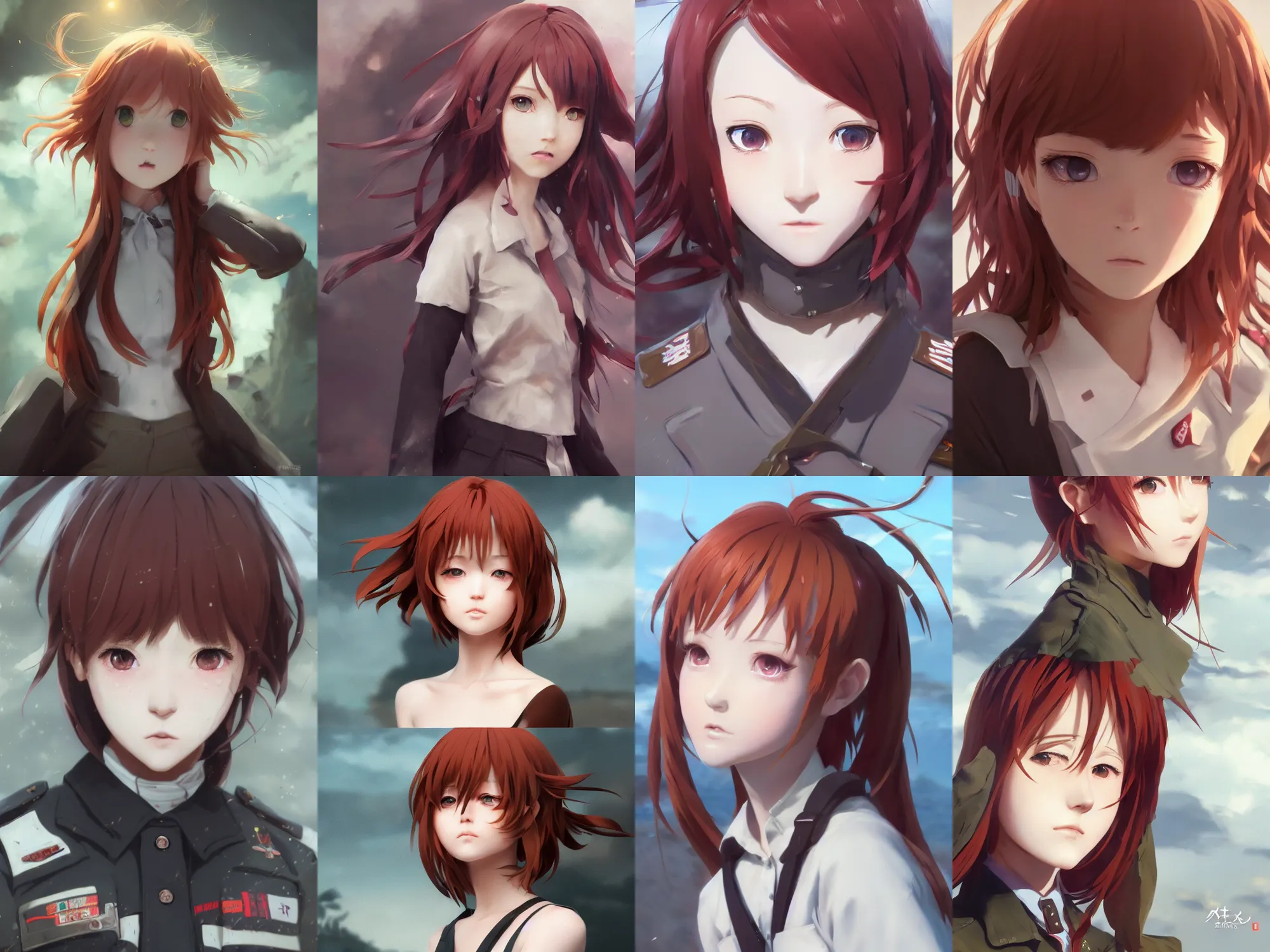 Prompt: Very complicated dynamic composition, realistic anime style at Pixiv CGSociety by WLOP, ilya kuvshinov, krenz cushart, Greg Rutkowski, trending on artstation. Zbrush sculpt colored, Octane render in Maya and Houdini VFX, close-up portrait of young redhead girl in motion, she is frightened, wearing military uniform, silky hair, stunning deep eyes. Very expressive and inspirational. Amazing textured brush strokes. Cinematic dramatic soft volumetric studio lighting