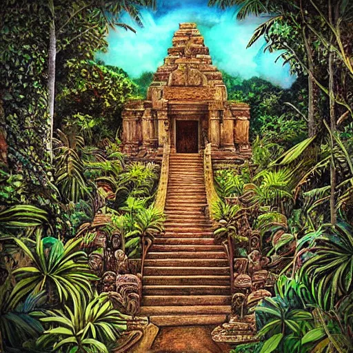 Prompt: “Epic illustration of fantasy South American temples in jungle, painted by Chris Achilleos”