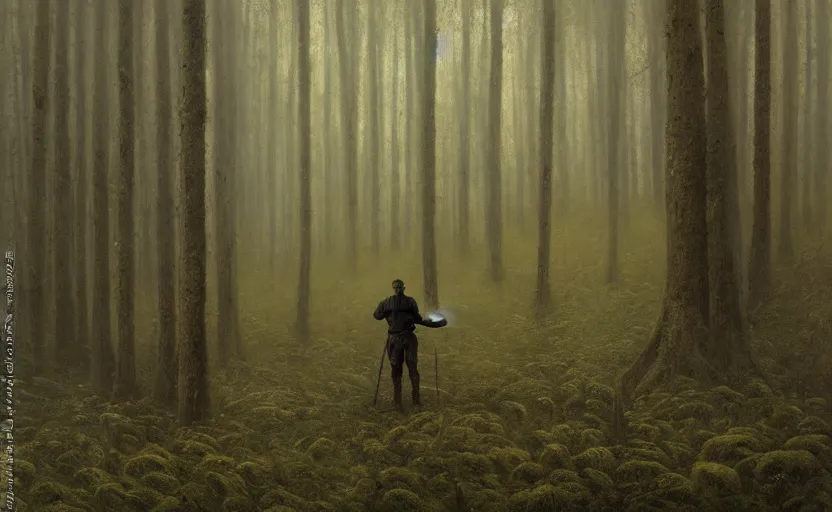 Image similar to a lone man with a torch defends himself in a forest clearing by Beksinski, 4k, masterpiece