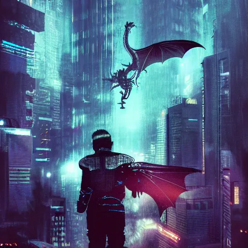 Image similar to blade runner style image of a baby cyberpunk dragon