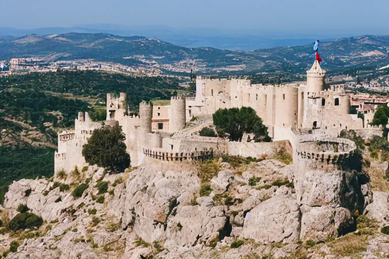 Image similar to 35mm photo of the Spanish castle of Salobrena on the top of a large rocky hill overlooking a white Mediterranean town by June Sun