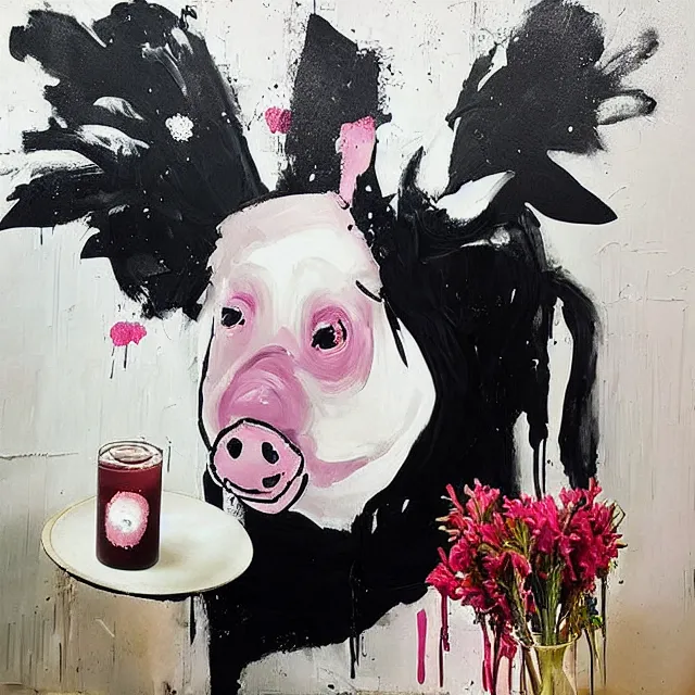 Image similar to “ a portrait in a female art student ’ s apartment, sensual, a pig theme, art supplies, paint tubes, ikebana, herbs, a candle dripping white wax, black walls, squashed berries, berry juice drips, acrylic and spray paint and oilstick on canvas, surrealism, neoexpressionism ”