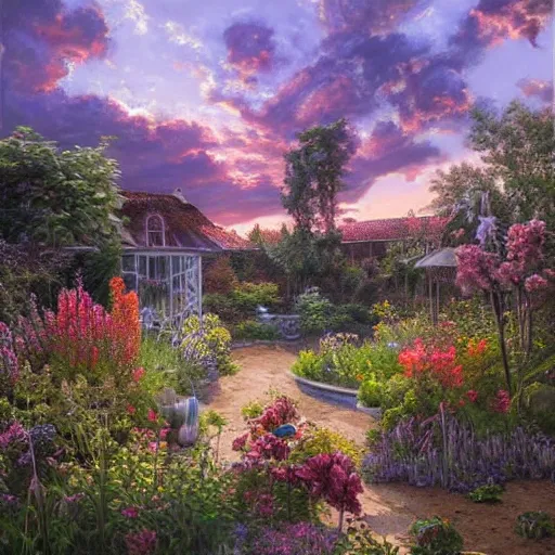 Prompt: View of a beautiful sunset in the garden, oil on canvas, intricate, portrait, 8k highly professionally detailed, HDR, CGsociety, illustration painting by Mandy Jurgens and Małgorzata Kmiec and Dang My Linh and Lulu Chen and Alexis Franklin and Filip Hodas and Pascal Blanché and Bastien Lecouffe Deharme, detailed intricate ink illustration, heavenly atmosphere, detailed illustration, hd, 4k, digital art, overdetailed art, concept art, complementing colors, trending on artstation, Cgstudio, the most beautiful image ever created, dramatic, subtle details, illustration painting by alphonse mucha and frank frazetta daarken, vibrant colors, 8K, style by Wes Anderson, award winning artwork, high quality printing, fine art, gold elements, intricate, epic lighting, very very very very beautiful scenery, 8k resolution, digital painting, sharp focus, professional art, atmospheric environment, art by artgerm and greg rutkowski, by simon stålenhag, rendered by Beeple, by Makoto Shinkai, syd meade, 8k ultra hd, artstationHD, 3d render, hyper detailed, elegant, by craig mullins and marc simonetti, Ross Tran and WLOP, by Andrew Wyeth and Gerald Brom, John singer Sargent and James gurney