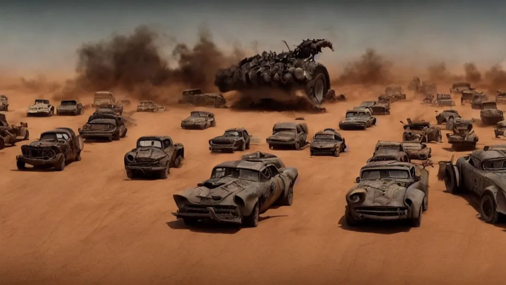 Image similar to pixar cars in mad max fury road, cartoon eyes, war boys, furiosa, explosions, imax