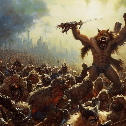 Image similar to a huge 6 - meter werewolf fights an army of orcs, close - up, painting by gaston bussiere, craig mullins, j. c. leyendecker, 4 k, 8 k, trending on artstation, artstationhd, artstationhq, highest detail