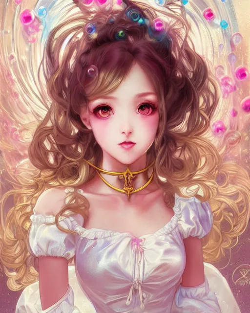 Image similar to portrait of magical lolita girl, dreamy and ethereal, expressive pose, big gold eyes, exciting expression, fantasy, intricate, elegant, many rainbow bubbles, rose tones, highly detailed, anime, artstation, concept art, cyberpunk wearing, smooth, sharp focus, illustration, art by artgerm and greg rutkowskiand alphonse mucha