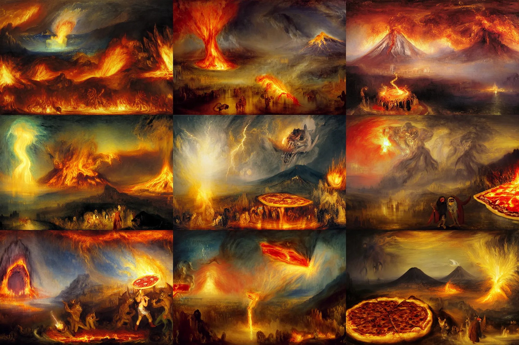 Prompt: masked demons grabbing a large pizza!!!, in the background is a volcano spewing lava and black smoke, streams of glowing hot lava, flashes of lightning in the distance. wide angle, long shot, an ultrafine detailed painting by joseph - mallord william turner, deviantart, pop surrealism