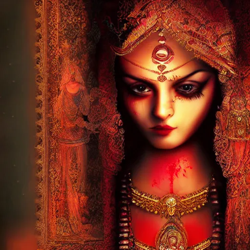 Image similar to beautiful Hindu lady of the dark with veil, cover with blood, horror, soft light, realistic, photorealistic, ultra detailed, high definition, full HD, 8k
