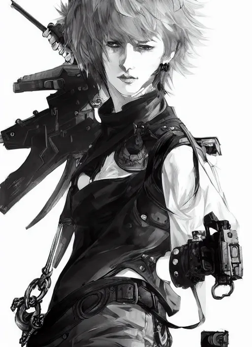 Prompt: Half body portrait of young woman with short silver hair and pirate attire. In style of Yoji Shinkawa and Hyung-tae Kim, trending on ArtStation, dark fantasy, great composition, concept art, highly detailed, dynamic pose.