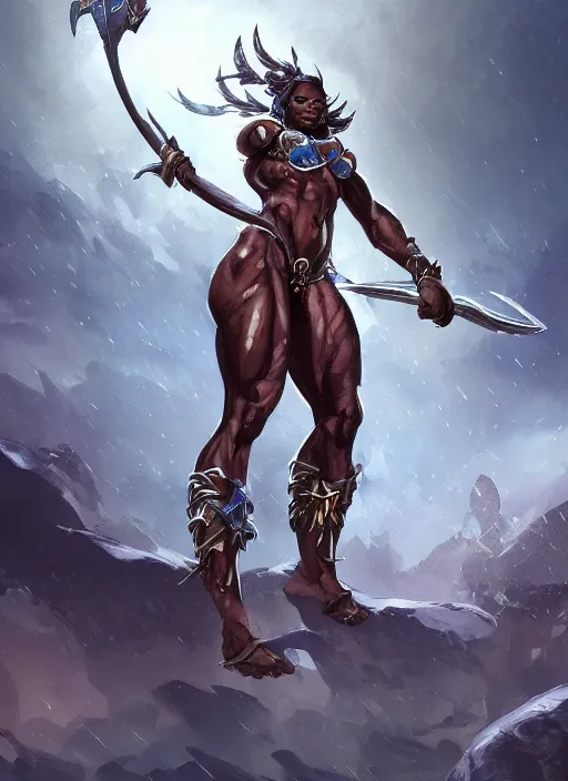 Prompt: a highly detailed illustration of an amazon heroine berserker african god of lightning, muscular, thunderous sky background, intricate, elegant, highly detailed, centered, digital painting, artstation, concept art, smooth, sharp focus, league of legends concept art, WLOP