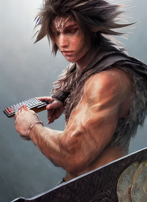 Prompt: upper body portrait of a keyboard warrior from final fantasy live action, holding a keyboard, award winning, masterpiece digital painting by greg rutkowski, alex grey, artstation, 4 k wallpaper,
