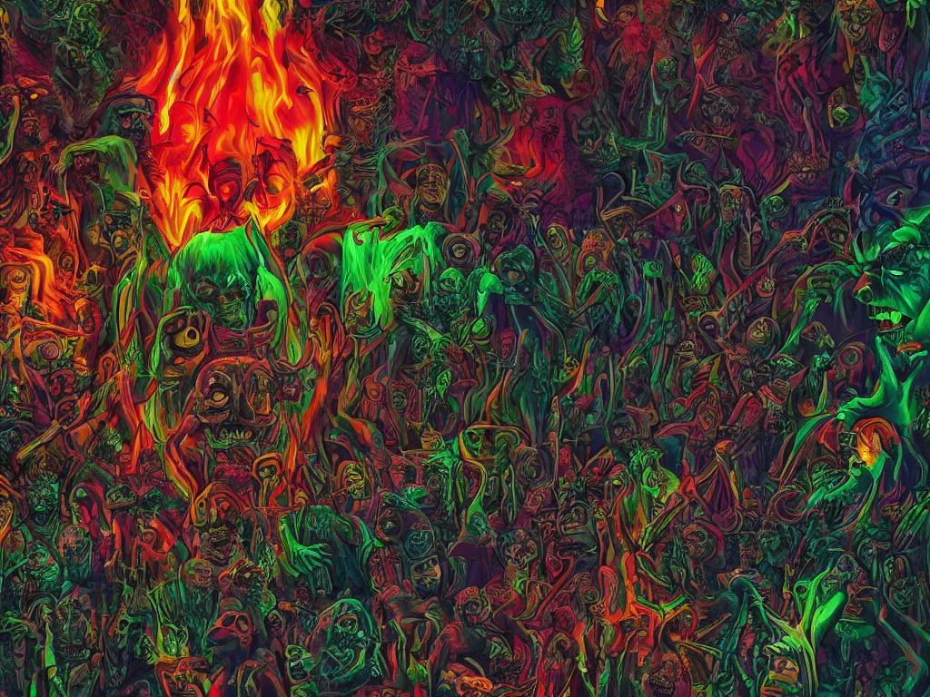 Prompt: a psychedelic tour through the hell filled with demons, dark colours, patterns, highly realistic, 4 k, 8 k, scary