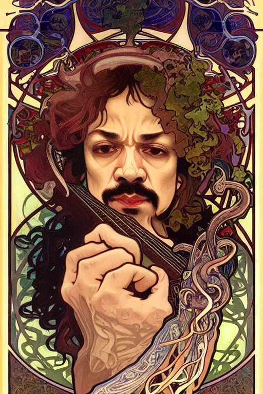 Image similar to realistic detailed face portrait of Carlos Santana playing guitar with snakes around and evolving from his body by Alphonse Mucha, Ayami Kojima, Amano, Art Nouveau, rich deep moody colors