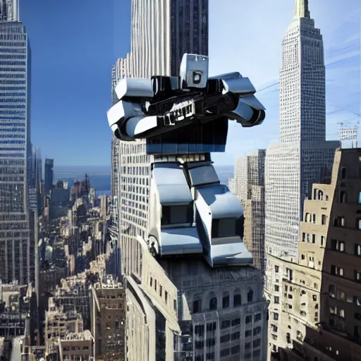 Prompt: An antropomorphic robot with a gun climbs to the empire state building