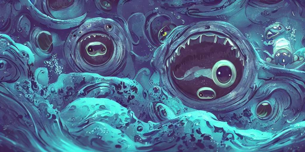 Image similar to of an intricate deep sea with strange cute friendly happy creatures with huge eyes, long tongue, round teeth and goofy funny face, appearing from the background, in the style of gehry and gaudi, macro lens, shallow depth of field, ultra detailed, digital painting, trending artstation, concept art, illustration, cinematic lighting, photorealism, epic, octane render