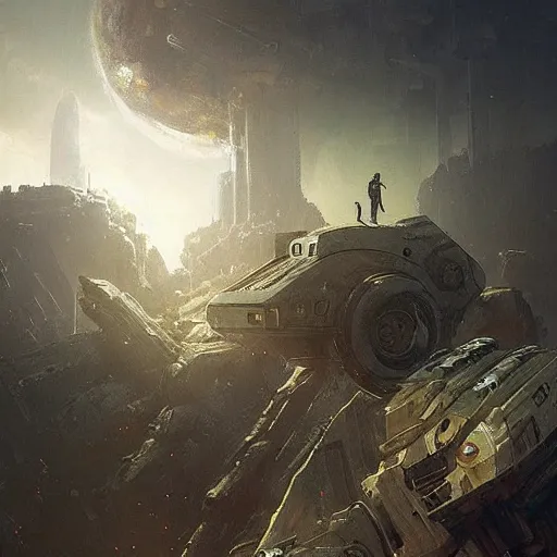 Image similar to escape from earth, uplight, abandoned earth with ruins, robots, by greg rutkowski, trending at artstation