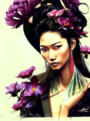 Image similar to a portrait of asian supermodel with a floral background by karol bak, artgerm, moebius, yoji shinkawa : : portrait, illustration, photorealism, hyperrealism, graffiti