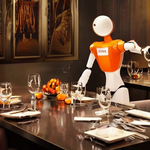 Prompt: kuka industrial robot arms around the dinner table, set inside a fine dining restaurant with global illumination