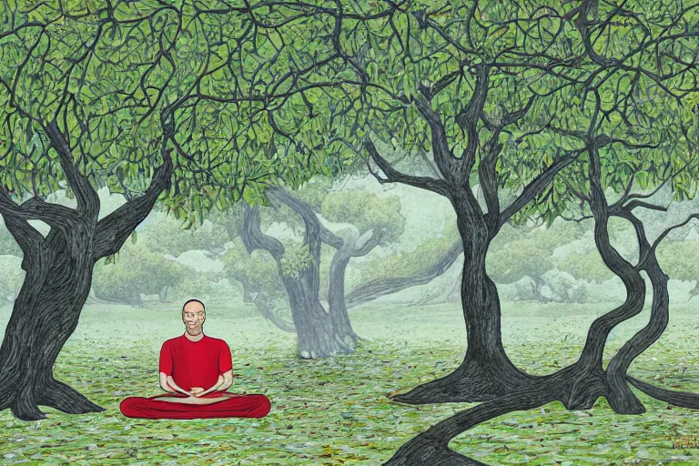 Image similar to a man meditating under a tree by alex gray,