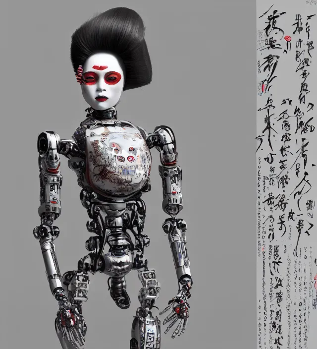 Prompt: full body portrait of a highly advanced digital robot with a porcelain japanese geisha face mask with kanji tattoos and decals, japanese model, octane render, intricate details, ultra realistic, dramatic lighting