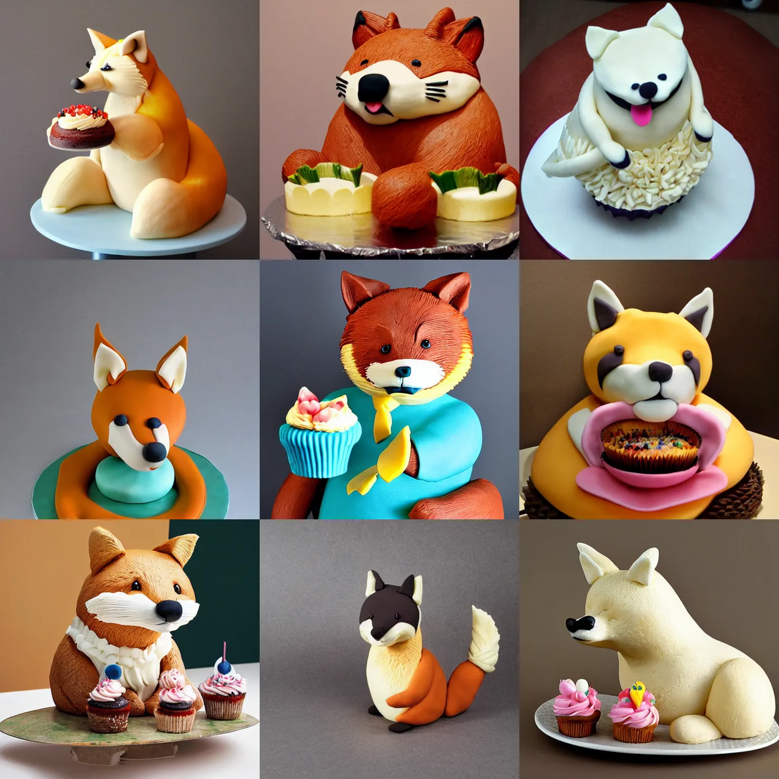 Prompt: cake sculpture of a fat fox eating a cupcake, cake sculpture, animal - shaped cake, fox, photograph