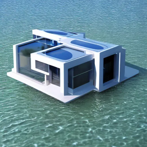 Prompt: ” water floating futuristic house surrounded by water ”