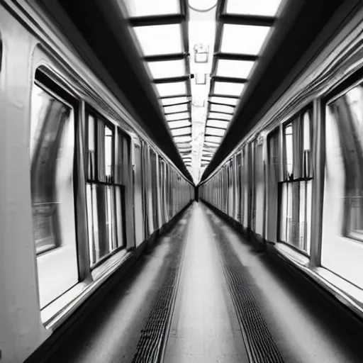 Prompt: a inside of a train hallway the train hallway is empty and train is moving the window view is a sunset view of a beautiful landscape