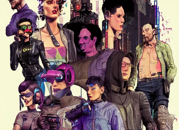 Prompt: cyberpunk heist crew. portrait by stonehouse and mœbius and will eisner and gil elvgren and pixar. character design. realistic proportions. dystopian. cyberpunk 2 0 7 7, apex, blade runner 2 0 4 9 concept art. cel shading. attractive face. thick lines. hi def 4 k. the team. detailed group of interesting characters.