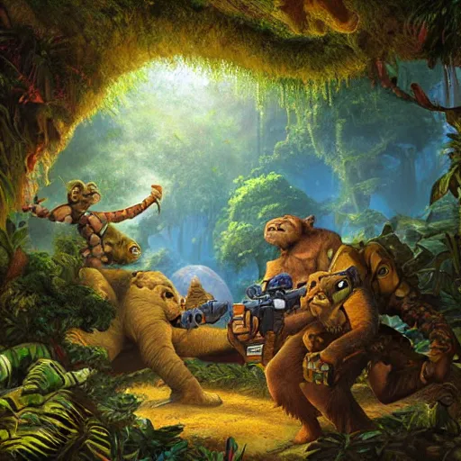 Prompt: laser fight in the jungle, oil painting by justin gerard