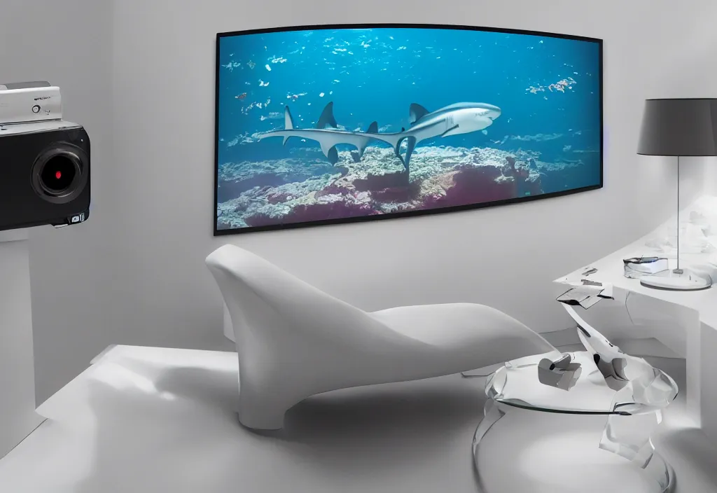 Image similar to curved transparent 3 dtv shark popping out of tv, volumetric lighting, bedroom, visor, users, pair of keycards on table, bokeh, creterion collection, shot on 7 0 mm, instax