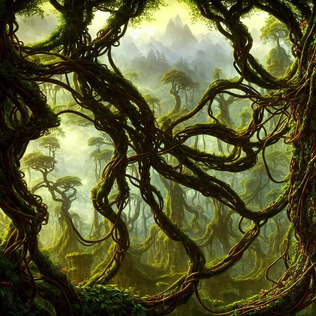 Prompt: a beautiful and highly detailed matte painting of an elven temple in a magical fantasy garden in a lush forest, ancient runes, knotted trees, tangled vines, intricate details, epic scale, insanely complex, 8 k, sharp focus, hyperrealism, very realistic, by caspar friedrich, albert bierstadt, james gurney, brian froud,