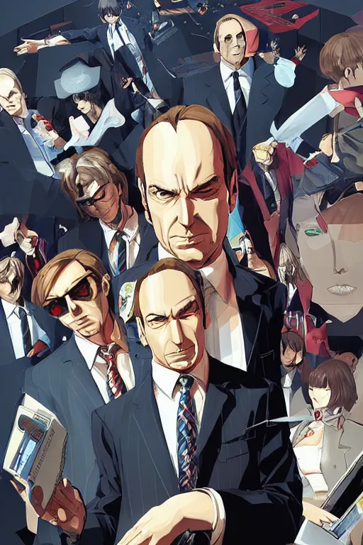 Image similar to better call saul illustration by shigenori soejima, persona, concept art