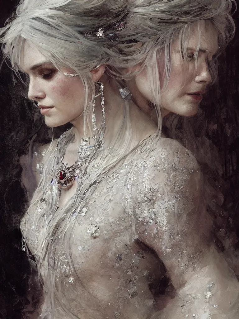 Image similar to a highly detailed beautiful white haired woman, adorned with precious stones, intricate line drawings by jeremy mann and alphonse mucha, 8 k resolution, trending on artstation, very very detailed, masterpiece, stunning,