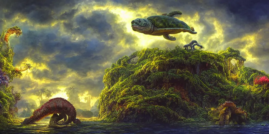 Image similar to fantasy oil painting, great leviathan, turtle cephalopod terrapin reptilian pachyderm amphibian hybrid, rainforest mountains, lush plants flowers, epic natural light, bright clouds, luminous sky, outer worlds, bright cinematic lighting, michael cheval, michael whelan, vray, 8 k hd