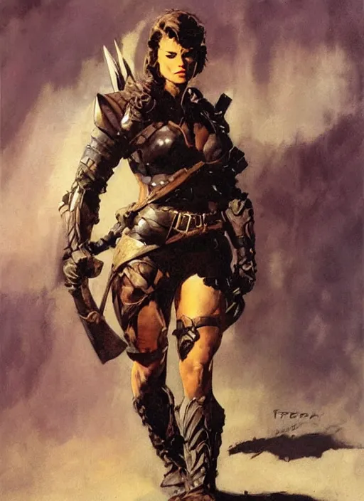 Image similar to portrait of strong female ranger, beautiful! coherent! by frank frazetta, by brom, strong line, deep color, leather armor, short buzzed hair, high contrast