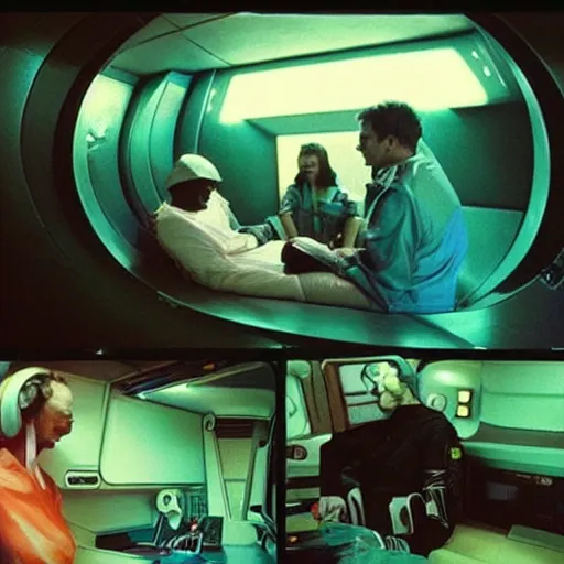 Prompt: “day to day life of a sci-fi spaceship crew. 80s Retrofuturism. Stills from a Candid home movie.”