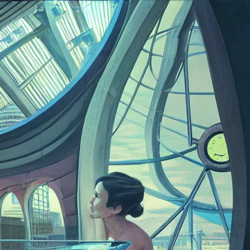 Image similar to detailed face of a woman, clockwork, moment, tectonic sky, skydome, bullet train, turbines, utopian, tech noir, wet reflections, prism, atmospheric, ambient, pj crook, syd mead, livia prima, edward hopper